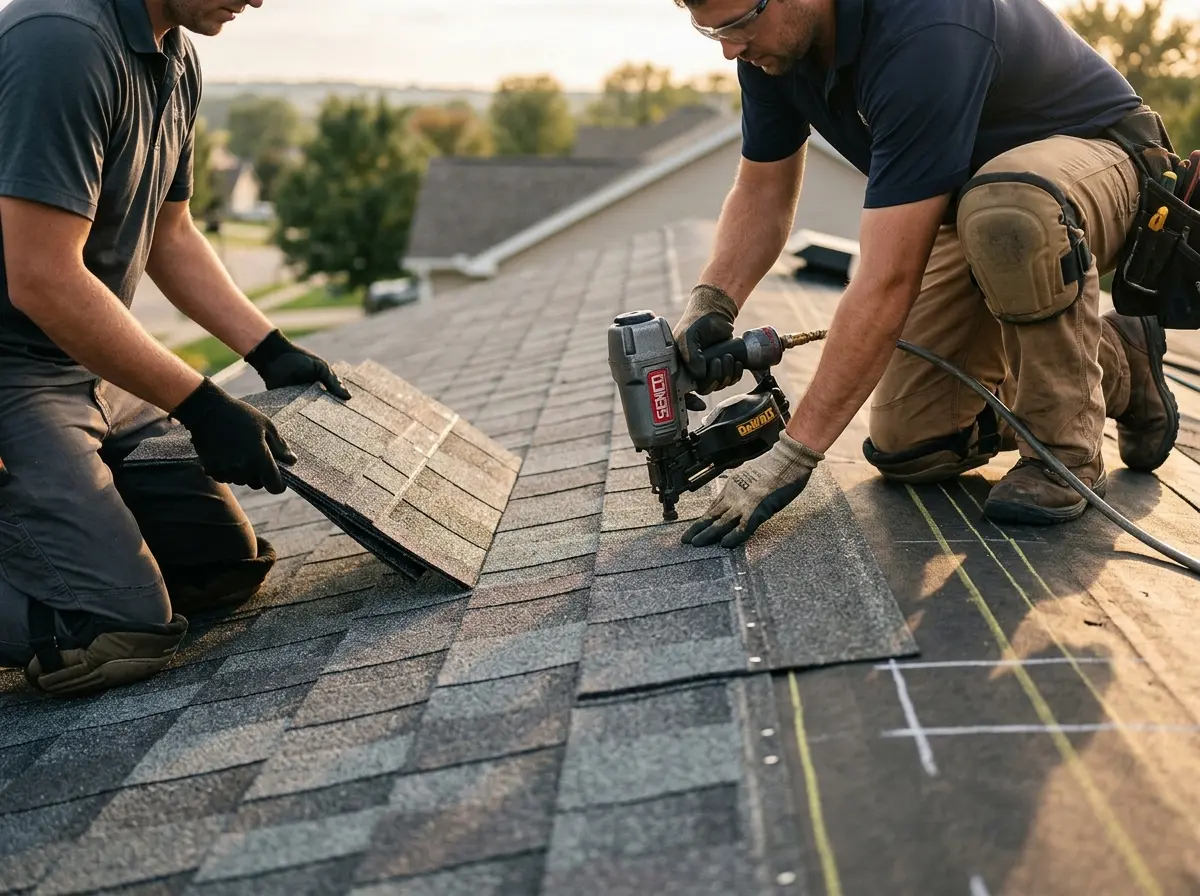 Professional roofer working on a residential roof in Galloway
